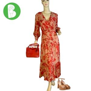 SAM EDELMAN RED & TAN FLORAL PRINT CHIFFON MAXI DRESS NWT (6)